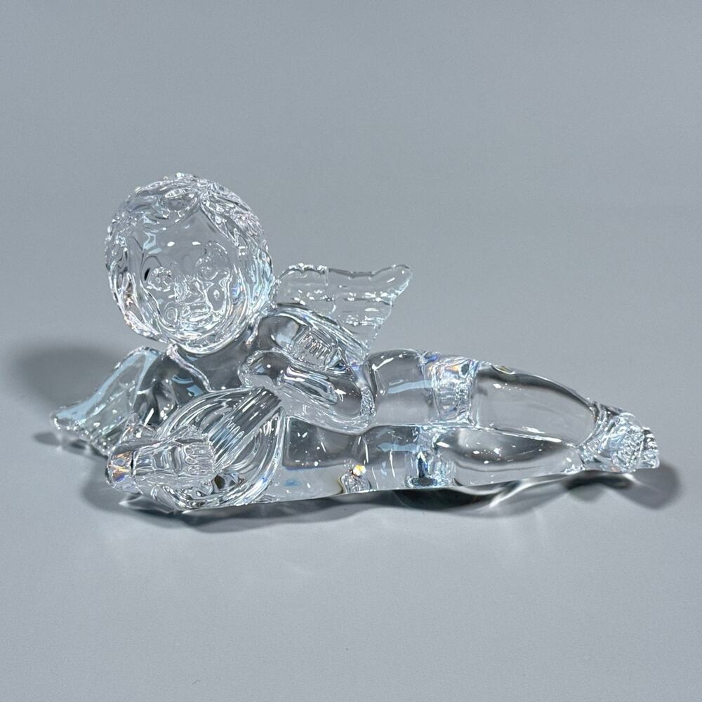 6.5"/3" Vintage Waterford Clear Crystal Glass Cherub Angel Playing Lute figurine